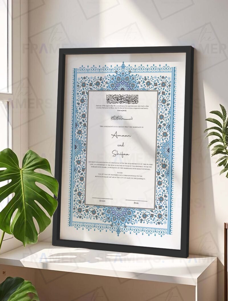 Blue and Grey Floral Nikkah Certificate with Black Frame