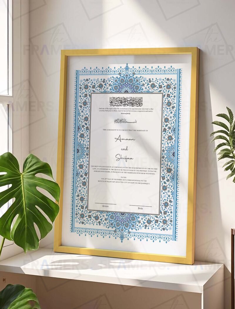 Blue and Grey Floral Nikkah Certificate with Golden Frame
