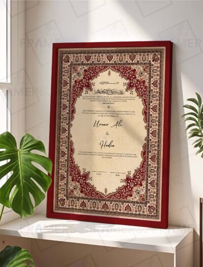 Deep red Persian Nikkah certificate maroon frame