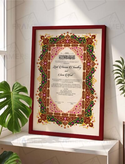 Maroon and Pink Tazhib Nikkah Certificate with Maroon Wooden Frame