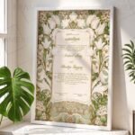 Mint Green Floral Art Nouveau Nikkah Certificate with White Wooden Frame