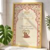 Mughal Red and Gold Nikkah Certificate with Couple Illustration and Golden Frame
