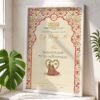 Mughal Red and Gold Nikkah Certificate with Couple Illustration and White Frame