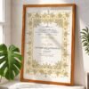Yellow Gold Medallion Nikkah Certificate with Wooden Frame