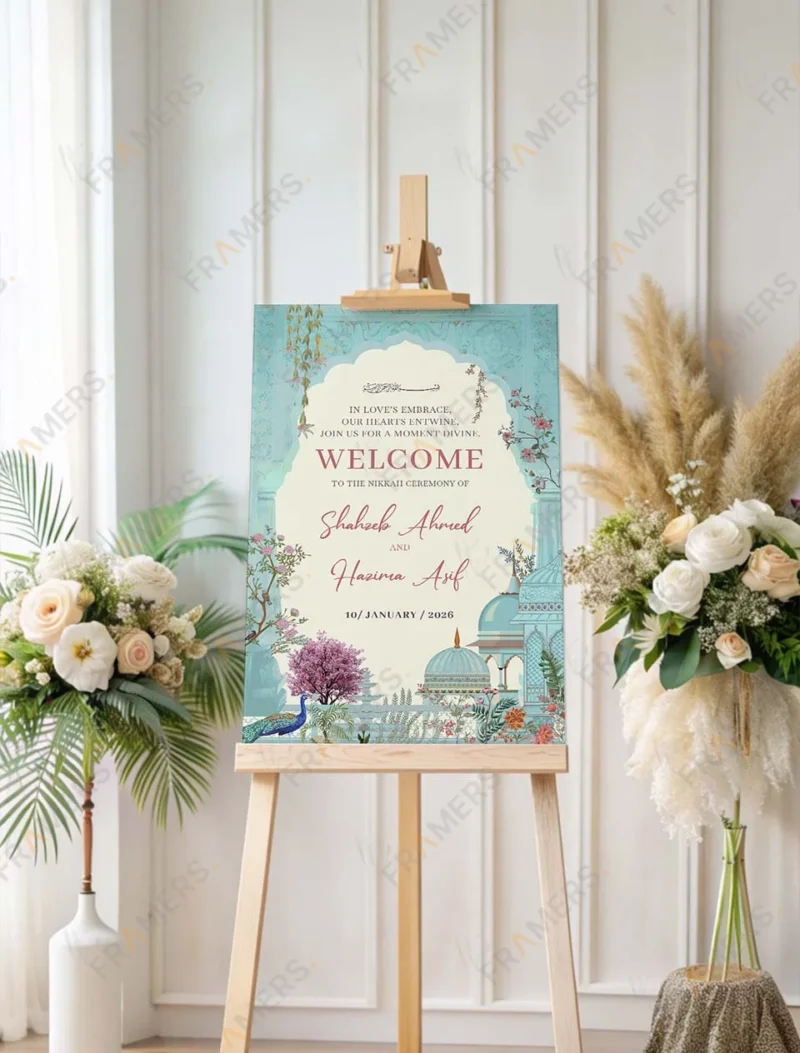blue-mughal-garden-nikkah-welcome-board-peacock-arch-2
