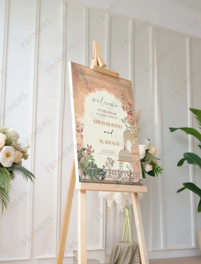 peach-mughal-garden-nikkah-welcome-board-floral-domes-3