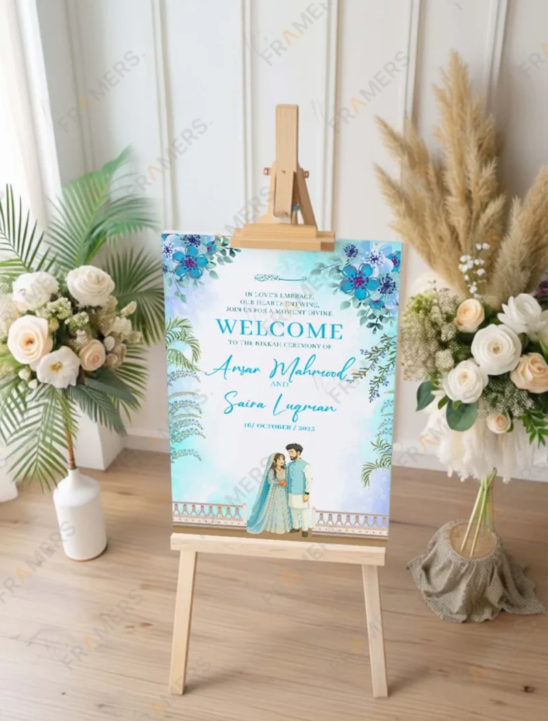 turquoise-floral-nikkah-welcome-board-couple-illustration-1