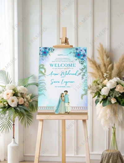 turquoise-floral-nikkah-welcome-board-couple-illustration-2
