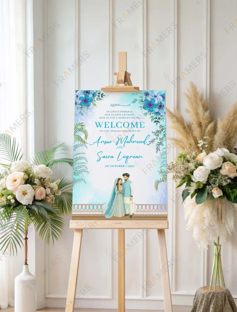 turquoise-floral-nikkah-welcome-board-couple-illustration-2