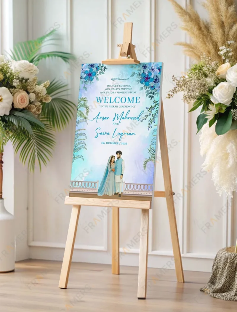 turquoise-floral-nikkah-welcome-board-couple-illustration-3