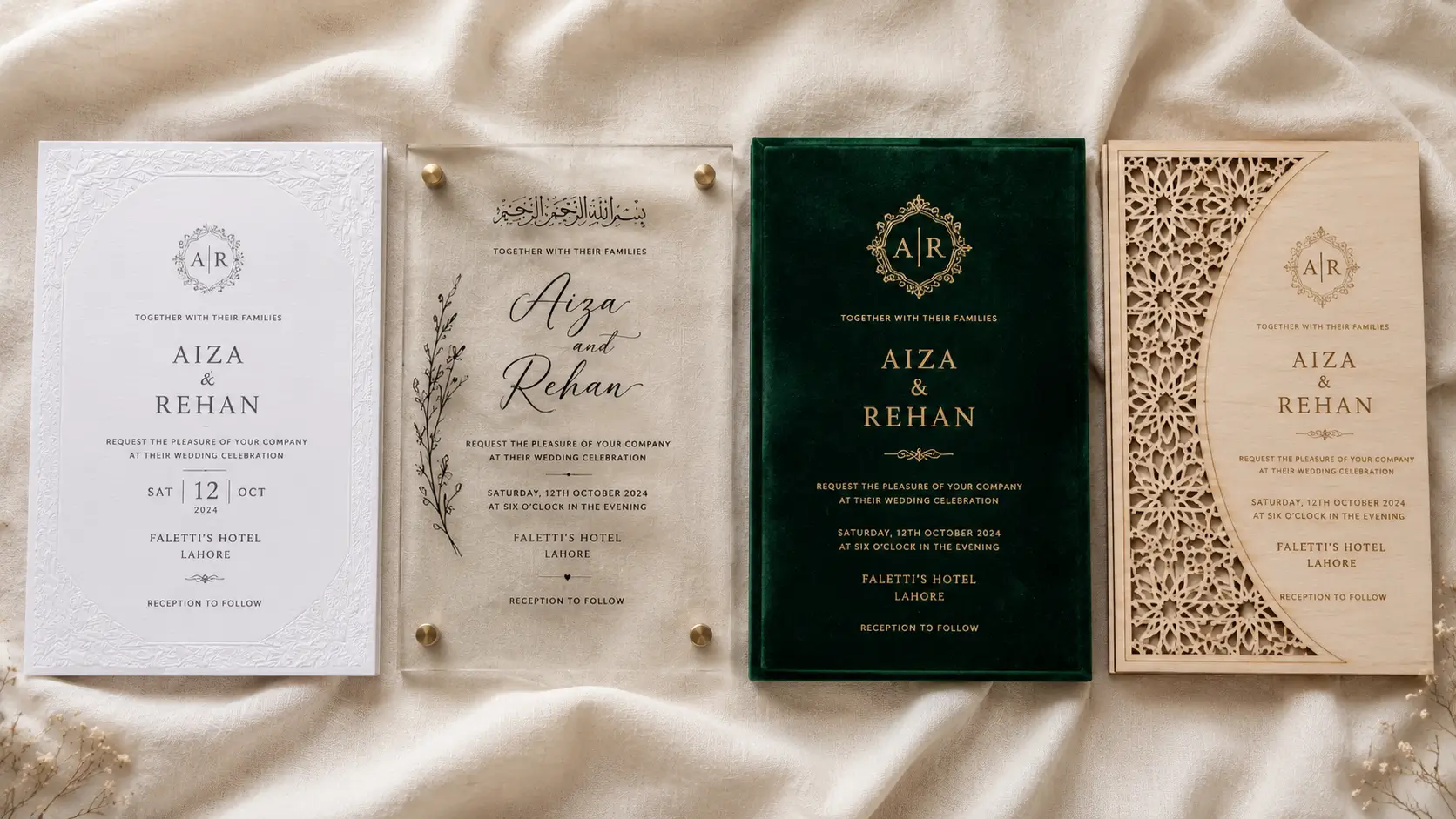 types of wedding cards pakistan — paper acrylic velvet wooden comparison