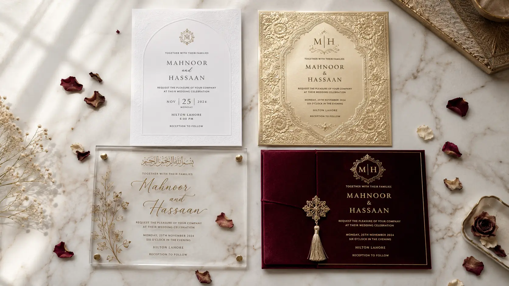 wedding card price in pakistan — different card types flat lay