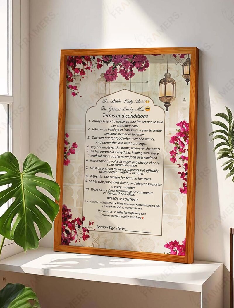 Pink bougainvillea wedding contract in natural wood frame with Mughal lanterns