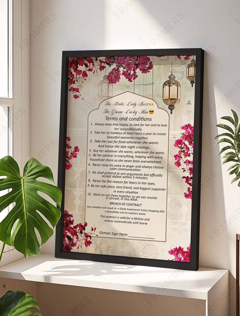 Custom marriage agreement frame in maroon with bougainvillea flowers