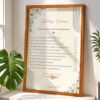 Checklist style floral wedding contract in natural wood frame with tick boxes