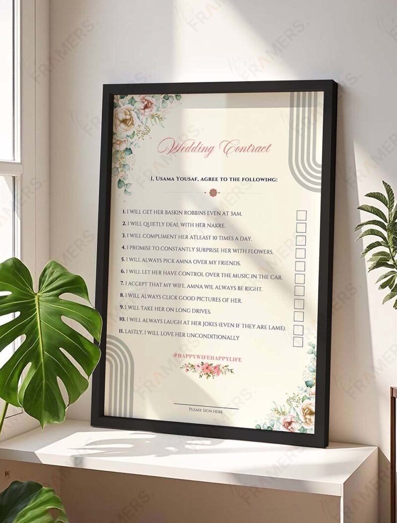 Custom marriage agreement frame in maroon with checklist format