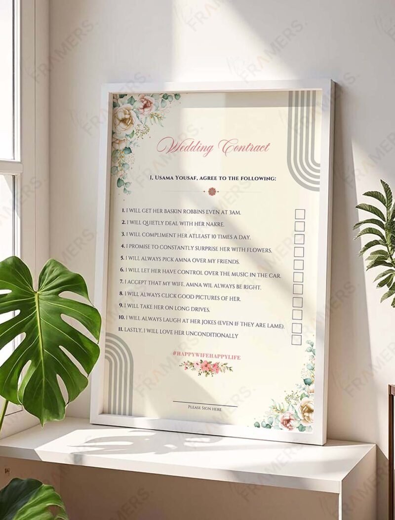 Funny wedding contract print in white wooden frame with pastel florals