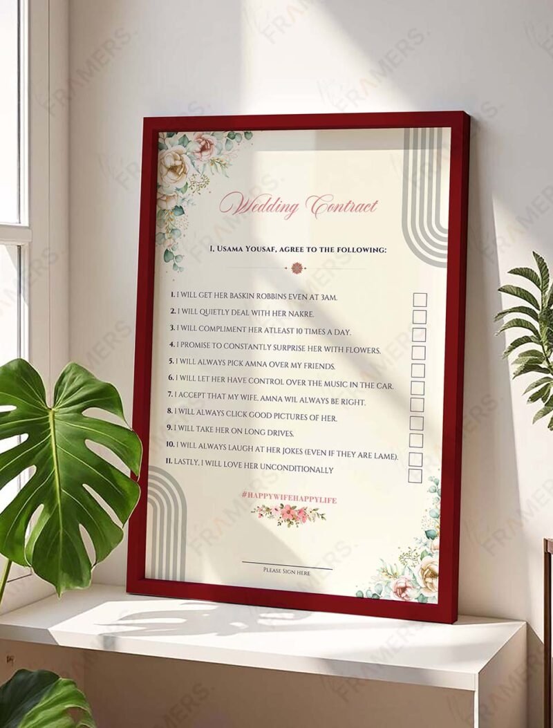 Personalized wedding contract frame in gold with checkbox design