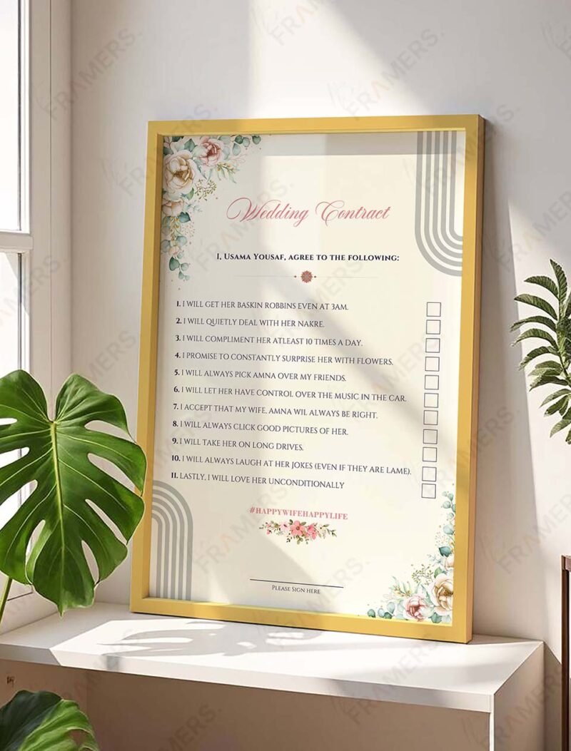 Marriage contract checklist frame in black with wildflower art