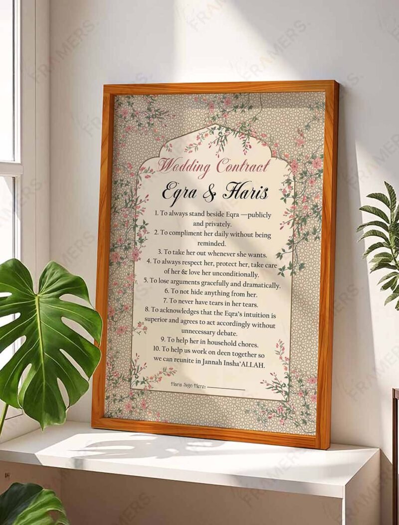 Custom marriage agreement frame in maroon with cherry blossom design