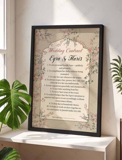 Funny wedding contract print in white wooden frame with pink vine border