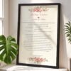 Custom marriage agreement frame in maroon with pink cosmos flowers