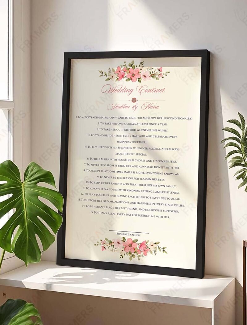 Custom marriage agreement frame in maroon with pink cosmos flowers