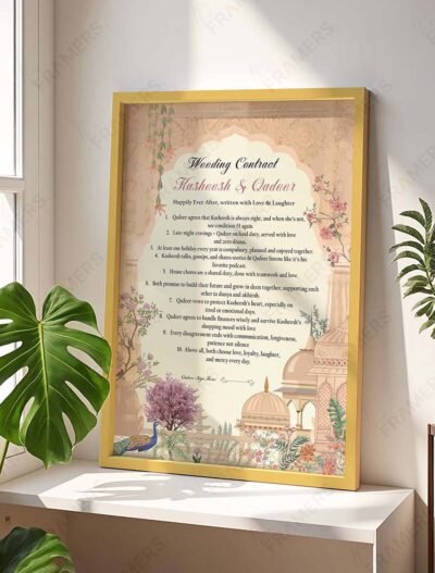 Mughal palace peacock wedding contract in black wooden frame with pink florals