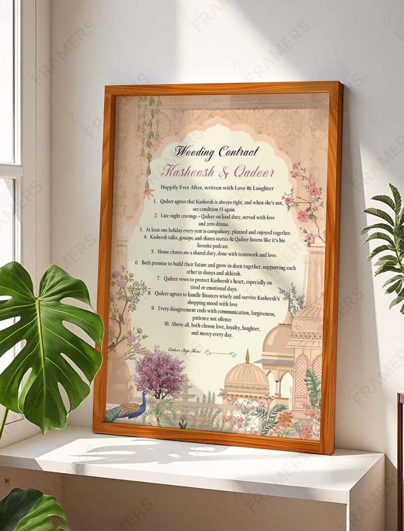 Custom marriage agreement frame in maroon with Mughal pavilion design