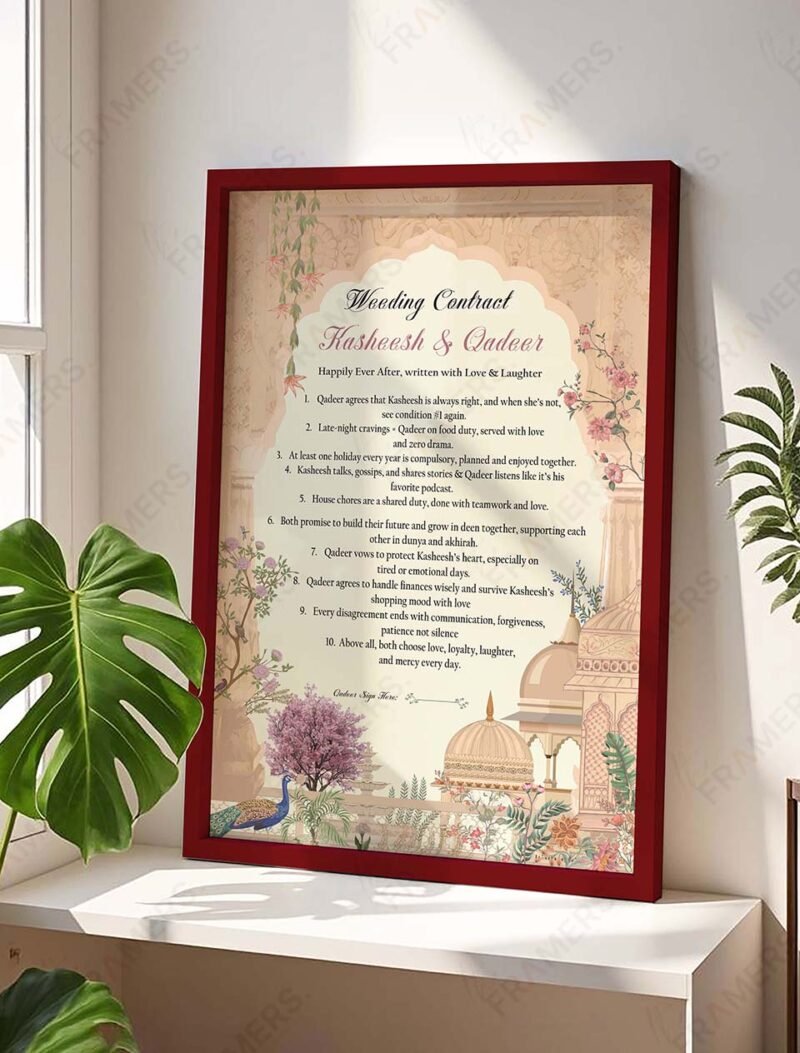 Marriage contract terms and conditions frame in natural wood