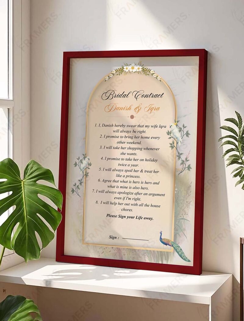 Peacock daisy bridal wedding contract in natural wood frame with golden archways