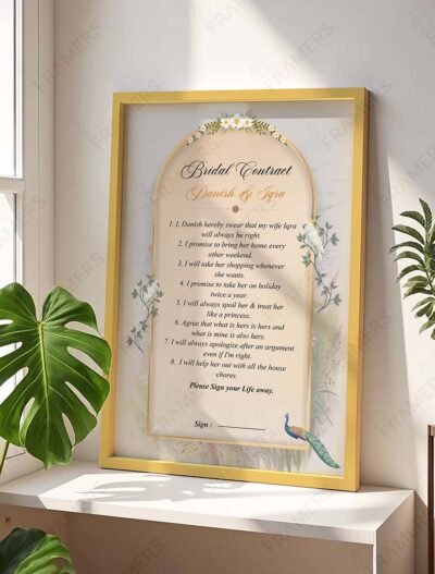 Custom marriage agreement frame in maroon with peacock and daisy design