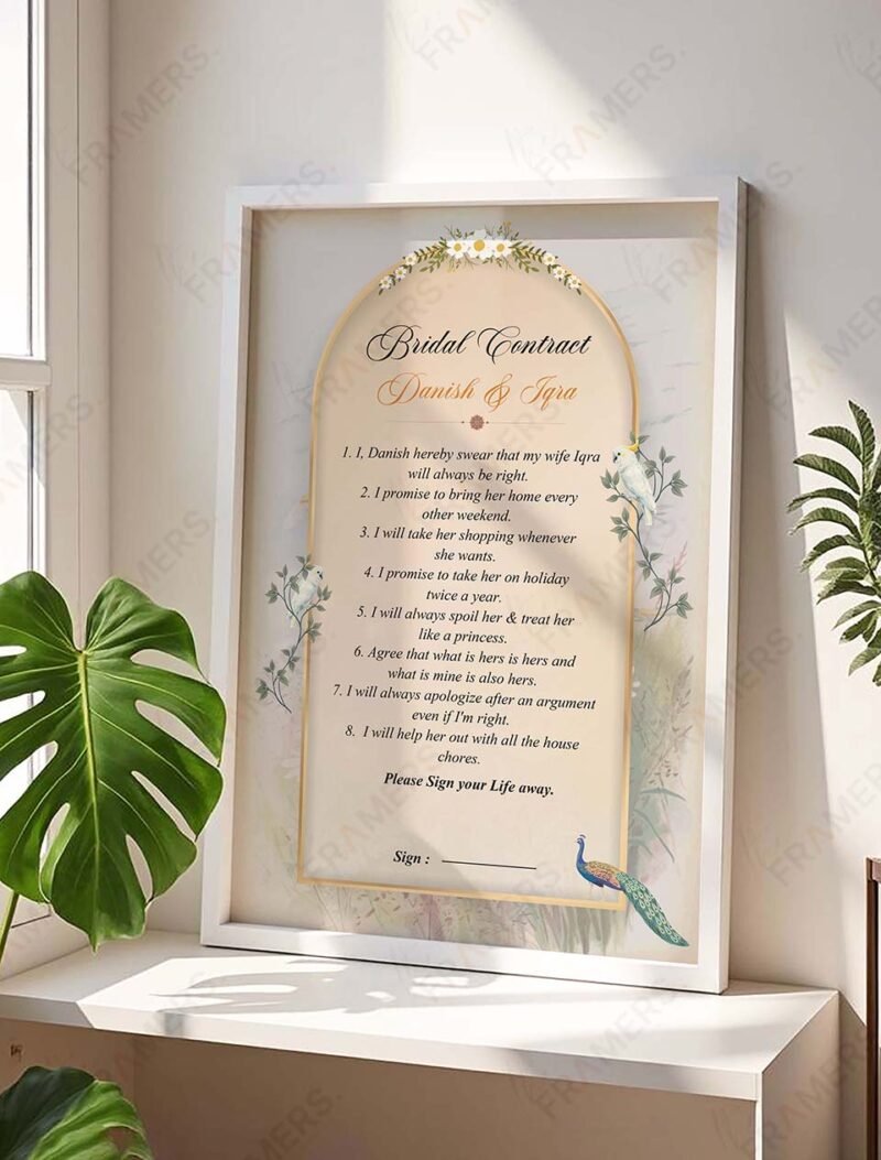Bridal marriage contract frame in black with peacock florals