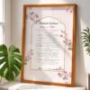 Pink floral rukhsati wedding contract in natural wood frame with Islamic pattern